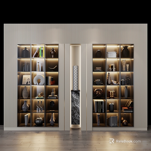 Elegant Modern Display Cabinet With Glass Doors Lighting And Decorative Vases Ornaments Books 3d model 