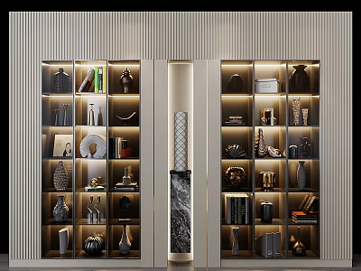 Elegant Modern Display Cabinet With Glass Doors Lighting And Decorative Vases Ornaments Books 3d model