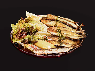 Freshly Grilled Fish Platter with Fresh Lettuce and Lemon Slices on a Ceramic Plate 3d model
