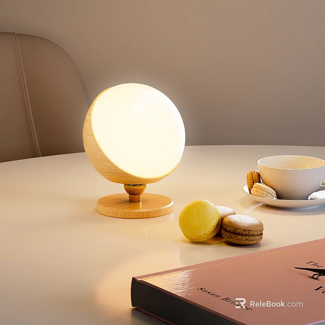 Warm Light Round Table Lamp with Wooden Base on Desk and Macarons Cup Notebook 3d model 