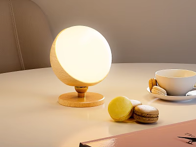 Warm Light Round Table Lamp with Wooden Base on Desk and Macarons Cup Notebook 3d model
