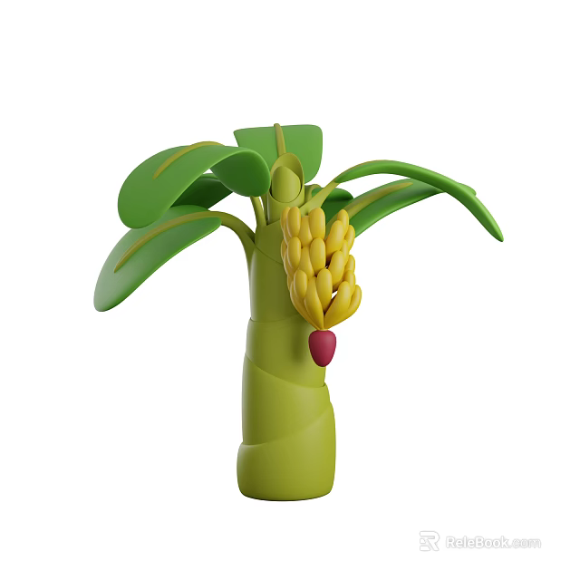 Fresh Yellow Bananas with Green Leaves on Plant Shaped Stem and Red Fruit 3d model 