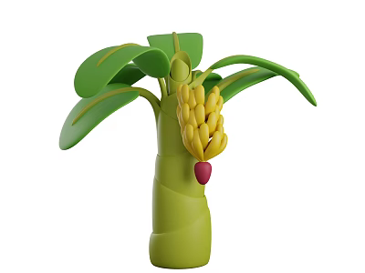 Fresh Yellow Bananas with Green Leaves on Plant Shaped Stem and Red Fruit 3d model
