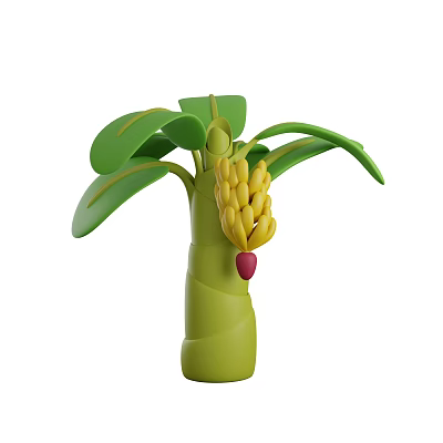 Fresh Yellow Bananas with Green Leaves on Plant Shaped Stem and Red Fruit 3d model