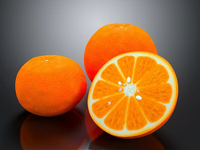 Three fresh oranges with one sliced showing juicy pulp and seeds on dark background 3d model