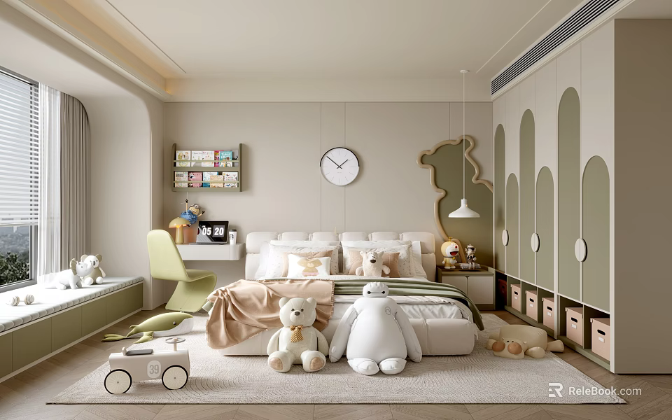 Cozy Kids Room Interior With Bed Stuffed Toys Green Chair Bookshelf Clock And Wardrobe 3d model 
