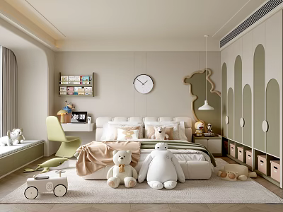 Cozy Kids Room Interior With Bed Stuffed Toys Green Chair Bookshelf Clock And Wardrobe 3d model