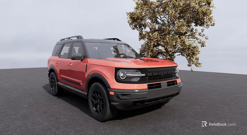 Red SUV With Black Roof And Black Wheels Parked By Tree On Gray Ground 3d model 