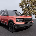Red SUV With Black Roof And Black Wheels Parked By Tree On Gray Ground