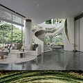 Modern Luxury Sales Office With Spiral Staircase Cozy Lounge And Panoramic Outdoor Garden Views
