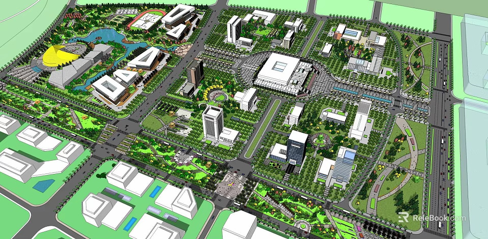 Urban Park Landscape With Green Spaces Walking Paths And Surrounding Buildings 3d model 