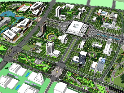 Urban Park Landscape With Green Spaces Walking Paths And Surrounding Buildings 3d model