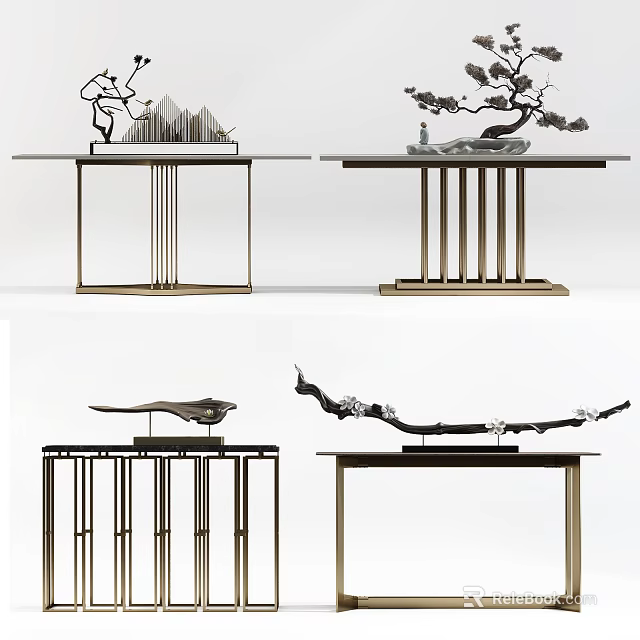 Modern Console Table With Rockery Pine Bird Ornaments And Metal Frame 3d model 
