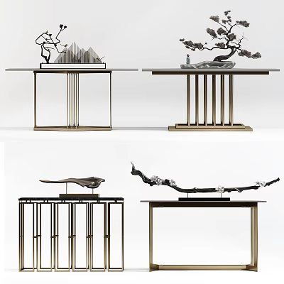 Modern Console Table With Rockery Pine Bird Ornaments And Metal Frame 3d model