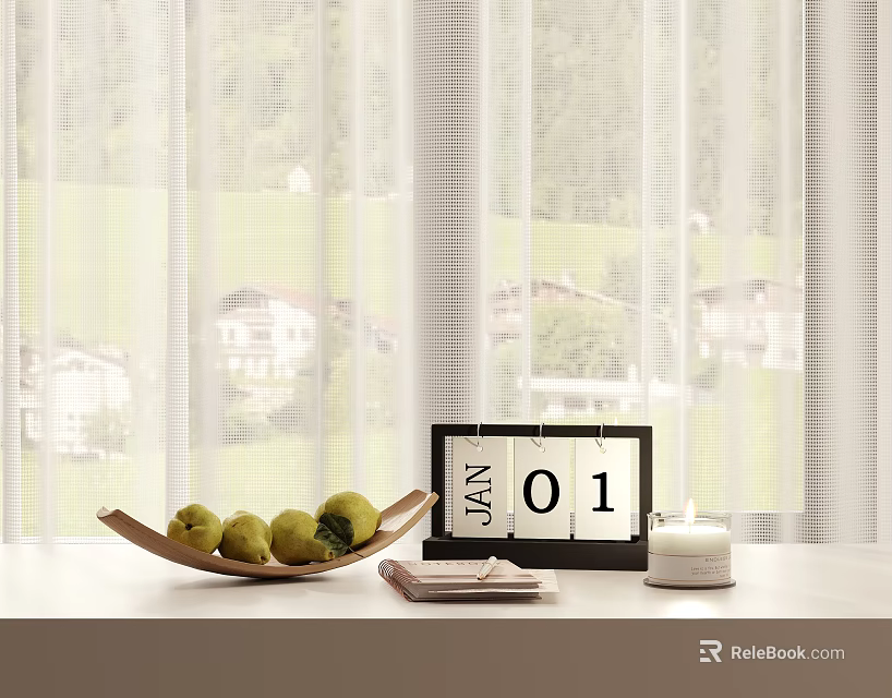 Ornamental Decor Set With Wooden Tray Lemons Black Calendar White Candle Small Cards Window View 3d model 