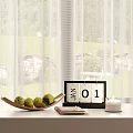 Ornamental Decor Set With Wooden Tray Lemons Black Calendar White Candle Small Cards Window View