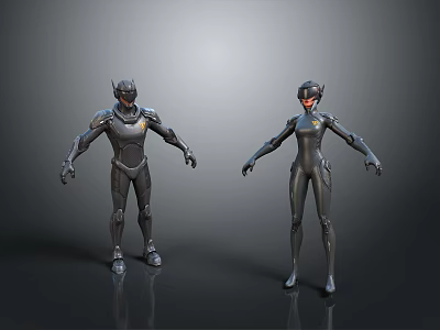 Futuristic Humanoid Beings in Dark Metallic Suits Standing with Glowing Details on Gray Reflective Surface 3d model