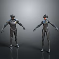 Futuristic Humanoid Beings in Dark Metallic Suits Standing with Glowing Details on Gray Reflective Surface