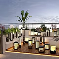 Stylish Rooftop Garden With Lighting Lanterns Palm Trees Wooden Deck And Seating Area