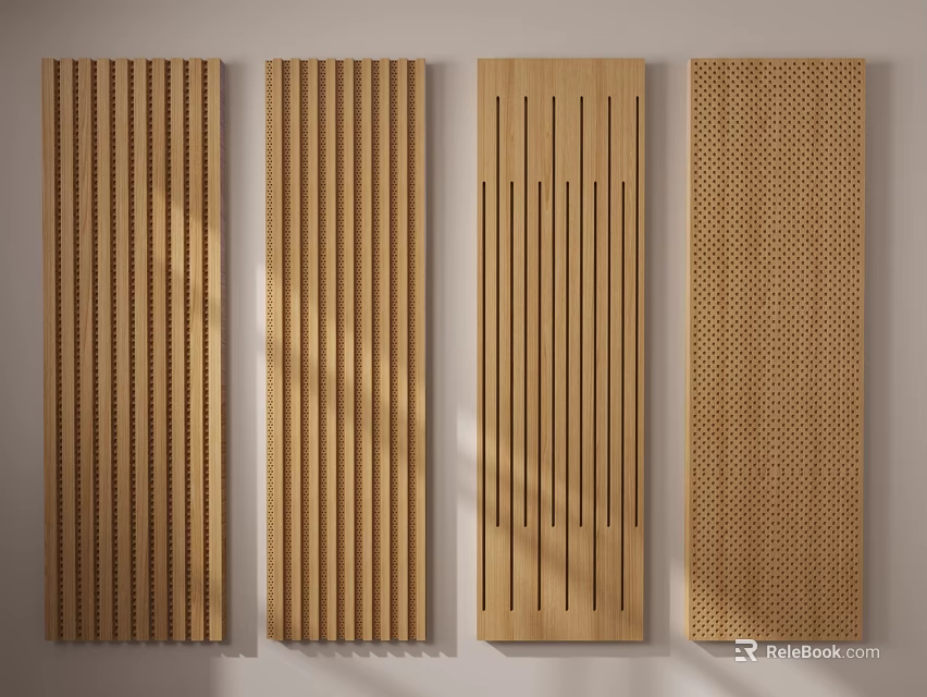 Modern Wooden Background Wall Featuring Various Textures and Perforated Designs Arranged on White Surface 3d model 