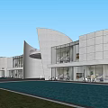 Modern Commercial Street With Curved Structure Glass Curtain Walls Entrance Design And Water Features
