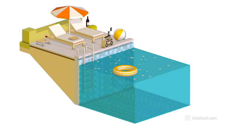 Cartoon Poolside Scene With Lounge Chairs Umbrella Beach Ball And Float Ring 3d model