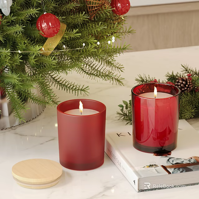 Decorative Ornament Set Featuring Lit Red Candles Green Pine Branches And Red Ornaments On Tabletop 3d model 