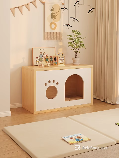 Light Colored Storage Cabinet With Paw Print Cat Door Cutouts And Decorative Items On Top 3d model 