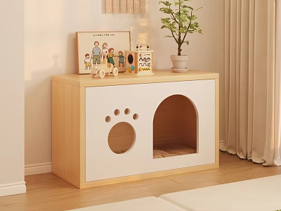 Light Colored Storage Cabinet With Paw Print Cat Door Cutouts And Decorative Items On Top 3d model