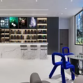 Modern Space With Round Seating Bookshelves Bar Counter Blue Chairs Gray Sofa And White Floor