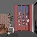 Red Bookcase in Modern Living Space with Gray Walls Orange Sky Background and Striped Chair