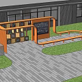 Modern School Building Featuring Orange Structure Bookshelves Blackboard Wall Read Discover Sign Trees Lawn Bench