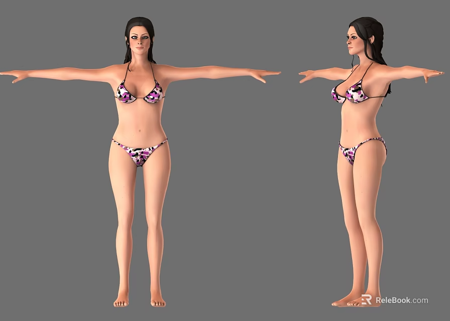Woman In Purple Patterned Bikini Posing With Arms Outstretched Front And Side View 3d model