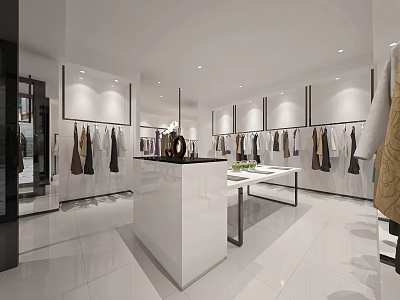 Modern Clothing Store Interior With Clothing Displays Hangers And White Counter 3d model