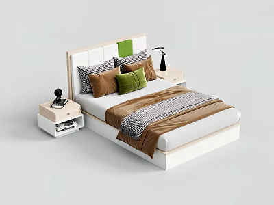 Modern Double Bed Interior With Green Brown Pillows Striped Blanket And Nightstand Lamp 3d model