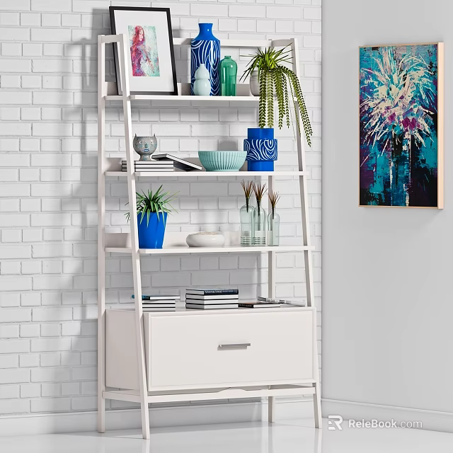 White Tiered Shelving Unit With Potted Plants Books Glassware And Decorative Items 3d model 