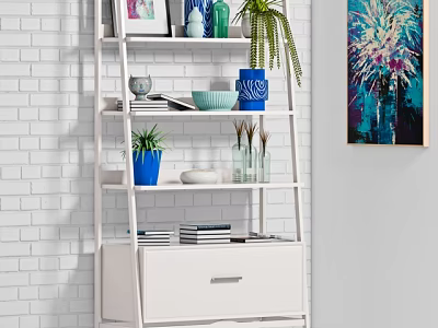 White Tiered Shelving Unit With Potted Plants Books Glassware And Decorative Items 3d model
