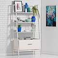 White Tiered Shelving Unit With Potted Plants Books Glassware And Decorative Items