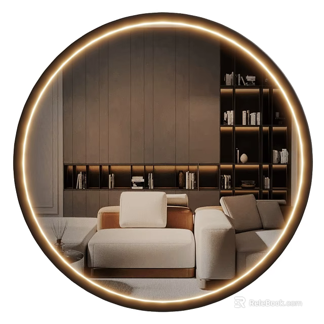 Illuminated Circular Mirror Reflects Modern Living Room With Sofa And Bookshelves 3d model 