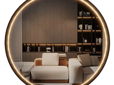 Illuminated Circular Mirror Reflects Modern Living Room With Sofa And Bookshelves 3d model