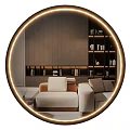 Illuminated Circular Mirror Reflects Modern Living Room With Sofa And Bookshelves