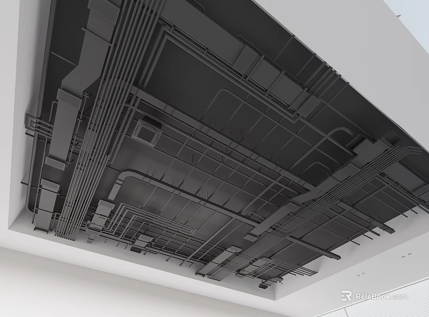 Ceiling Interior Structure with Exposed Pipes and Metal Framework Components 3d model 