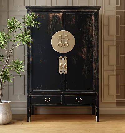 Traditional Chinese Style Black Wardrobe Door With Golden Round Metal Hardware 3d model