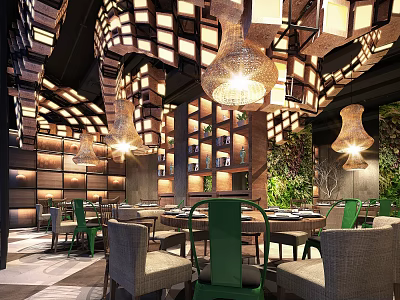 Modern Restaurant Interior With Wooden Lattice Ceiling Hanging Chandeliers Green Chairs And Plant Wall 3d model