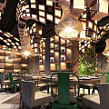 Modern Restaurant Interior With Wooden Lattice Ceiling Hanging Chandeliers Green Chairs And Plant Wall