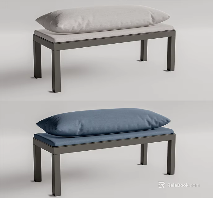Modern Sofa Bench With Light And Blue Cushions And Dark Legs 3d model 