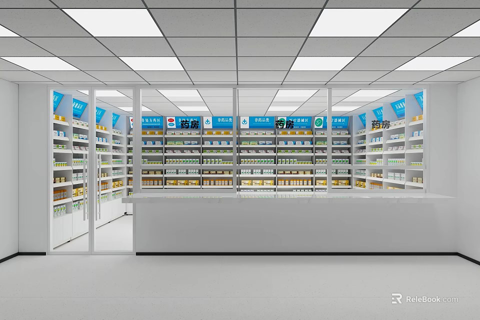 Well lit Hospital Pharmacy Interior With Organized Medication Shelves And Service Counter 3d model 