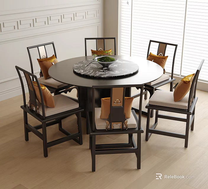 Traditional Round Dining Table And Chairs Set With Marble Top And Cushioned Seats 3d model 