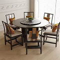 Traditional Round Dining Table And Chairs Set With Marble Top And Cushioned Seats