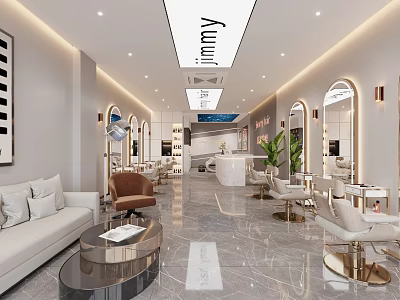Beauty Hair Salon Modern Interior Design With Elegant Sofa Chairs Mirrors Green Plants Marble Floor 3d model